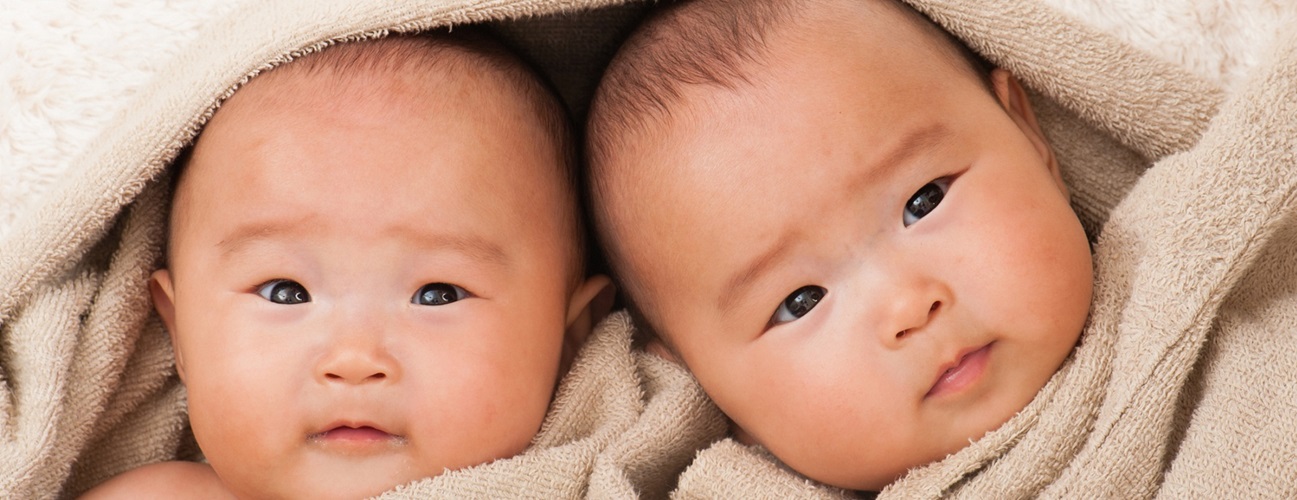 Dark haired twin babies wrapped in a blanket