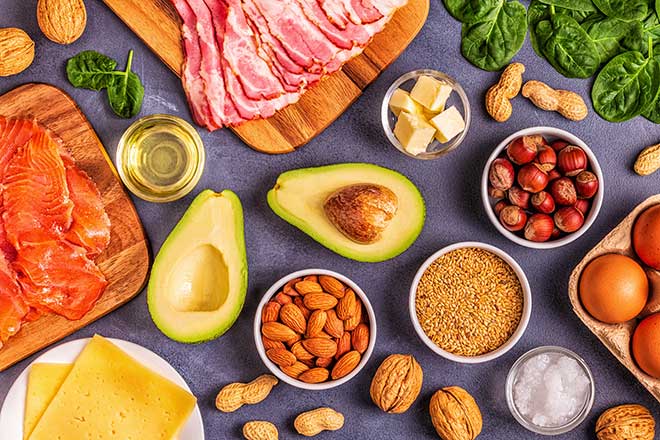 High fat, low card foods like avocados, nuts, oils, cheese and meat