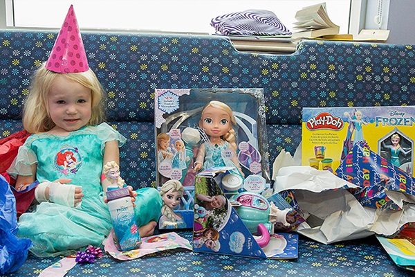 Willow celebrating her Frozen themed birthday party at Johns Hopkins all Children's Hospital. 