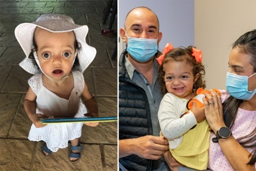 Maria Mar before surgery (left), and with her parents at Johns Hopkins All Children's Hospital (right).