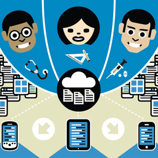 Three faces above a number of smartphones and tablets