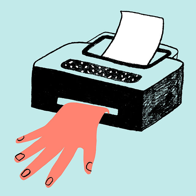 Illustration of a hand coming out of a printer