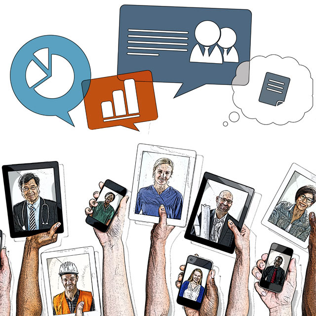 Images of people displayed on tablets below charts and graphs