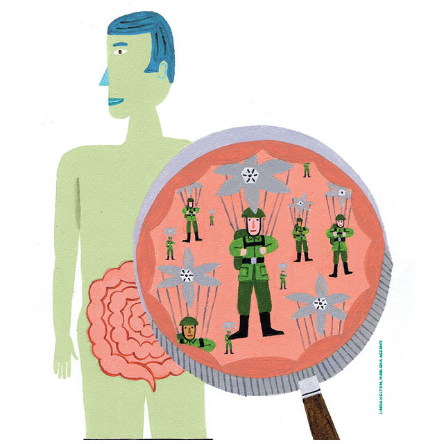 army men with para shoots in a magnifying glass in front of a man's intestine