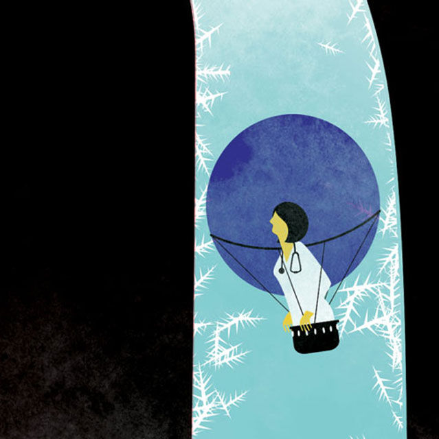 Illustration of female doctor in a hot air balloon