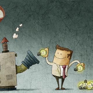 Illustration of a man feeding light bulbs to a machine