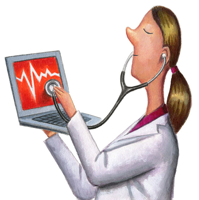 illustration of a doctor holding a stethoscope up to a laptop