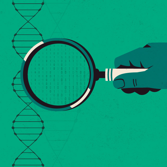 An illustration shows a magnifying glass examining a DNA strand. 