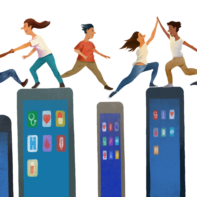 A graphic shows teenagers and mobile devices.