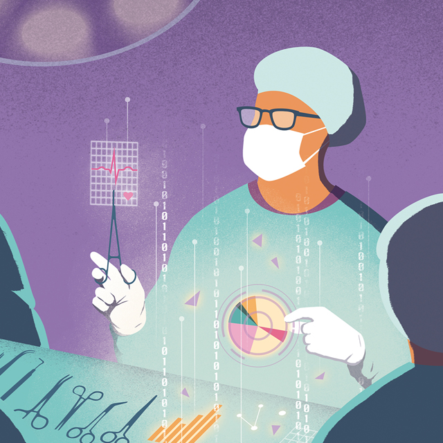 An illustration shows a surgeon holding a graph and a pie chart.