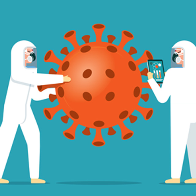 Illustration of two doctors in PPE studied a Covid germ