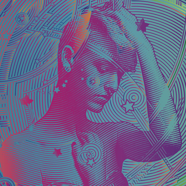 Illustration of a woman with her hand on her head. There are red and teal spirals coming off of her.