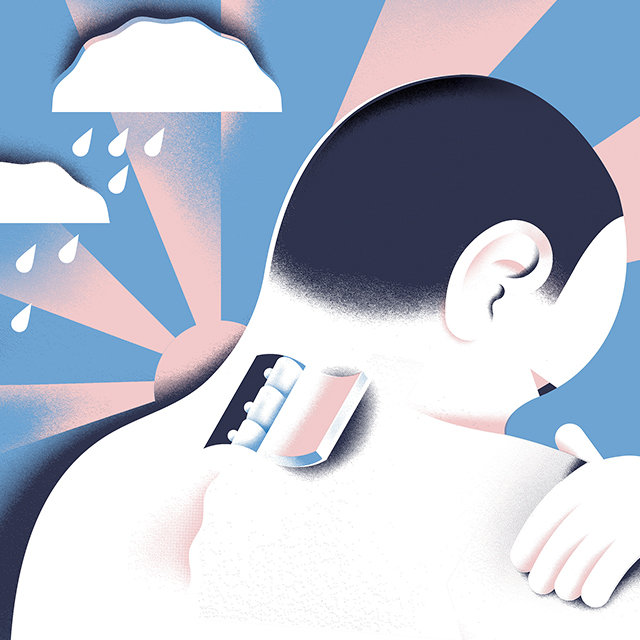 An illustration on a man's neck opened like a hatch revealing his spine