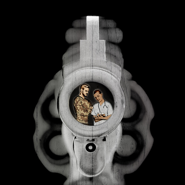 Illustration of a revolver hand gun. Inside the barrel is an army vet standing with a nurse.