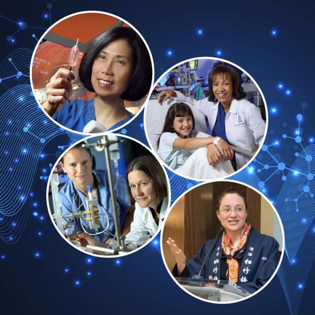 Superimposed on an illustration of DNA, photos show Marcia “Mimi” Canto, Maria Oliva-Hemker, Jennifer Lawton and Akila Viswanathan.