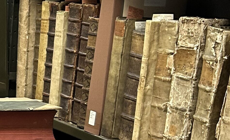 Photo of ancient manuscripts on a shelf