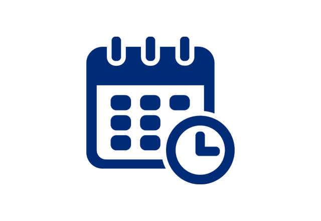 Icon of a blue calendar with a clock overlapping the bottom right corner.