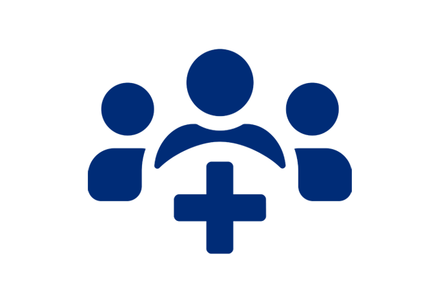 blue icon of community health with icons behind a plus