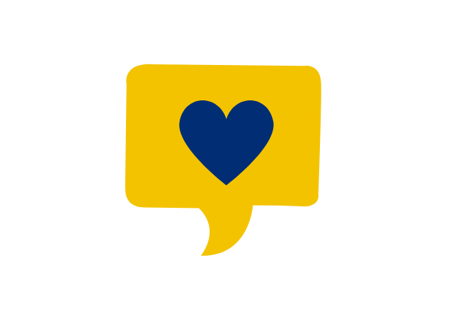A yellow comment bubble with a blue heart in the middle