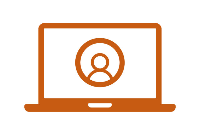Orange icon of a laptop screen with a person's portrait showing.