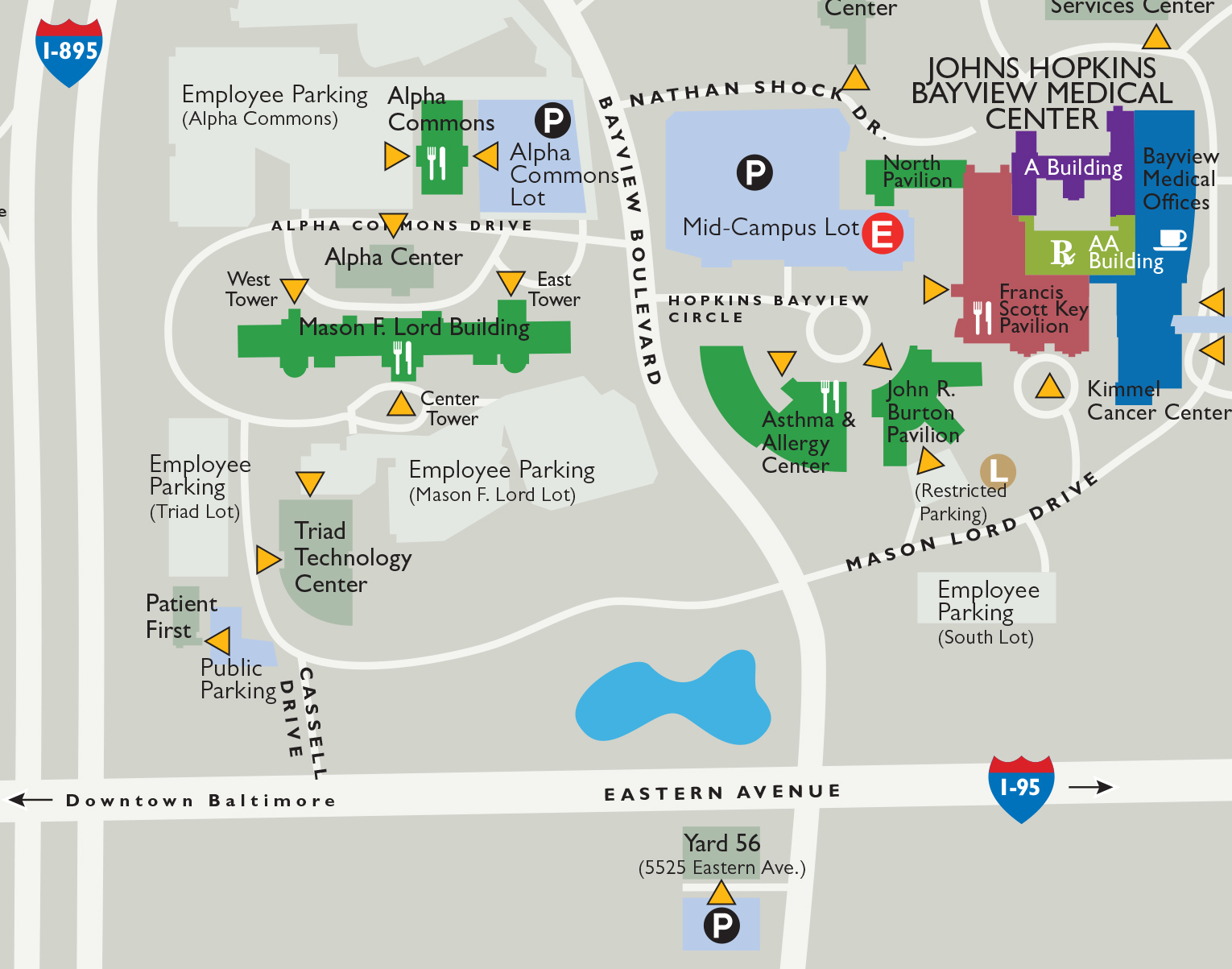 Map of Johns Hopkins Bayview campus. Yard 56 is at the bottom off Eastern Ave.