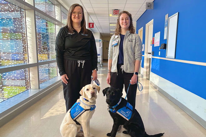 Faculty program dogs Rosie and Yoda with Child Life Specialists Carrie Potter and Molly Trippe-Gallagher