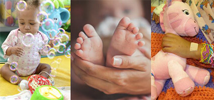left: a baby blowing bubbles; middle: a mother holding her baby's feet; right: a baby holding her stuffed giraffe