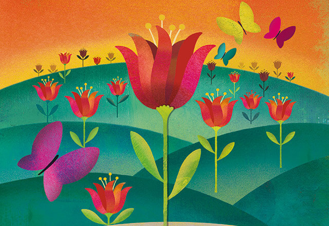 illustration of flowers and butterflies on a hill