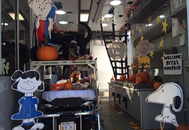 Inside of ambulance decorated for trunk or treat