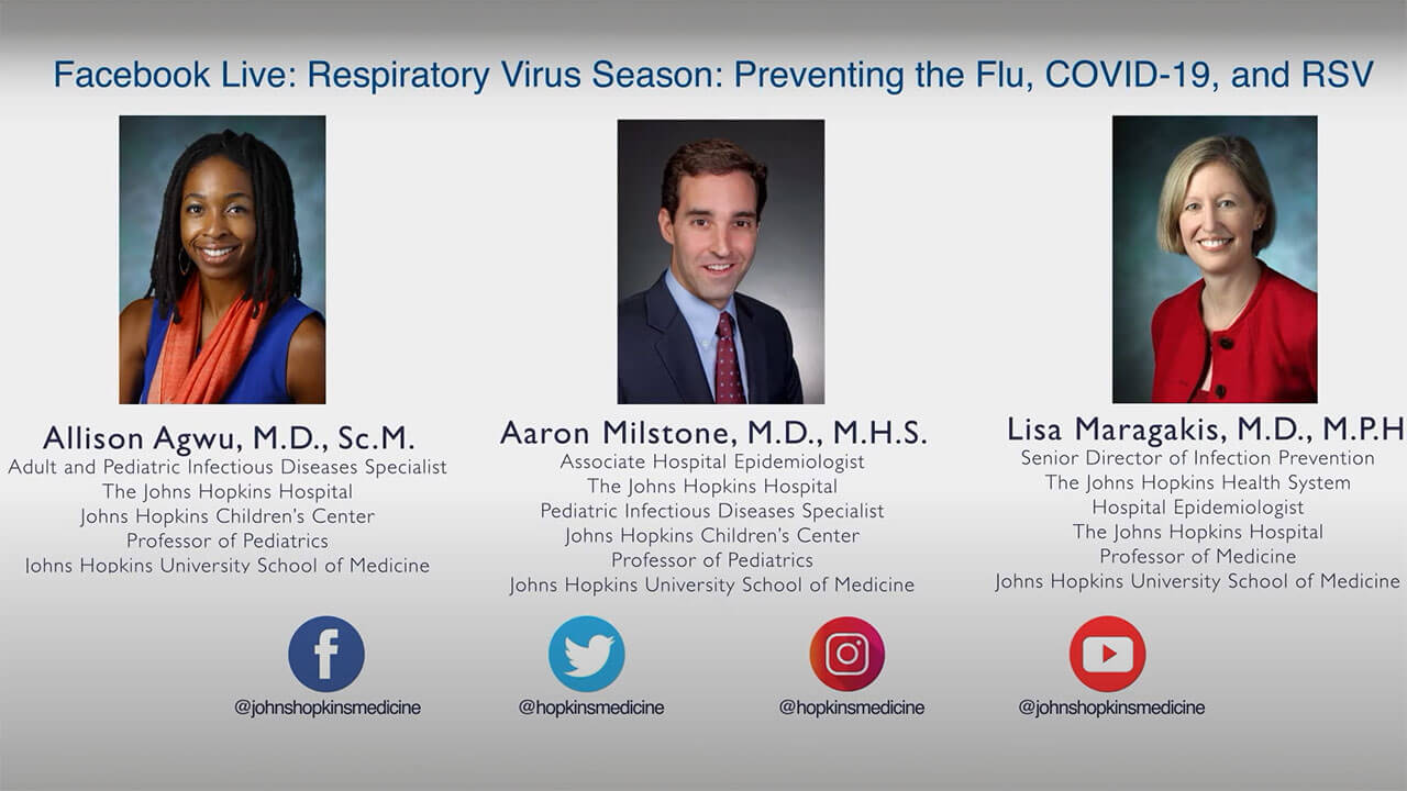 card introducing Allison Agwu, Aaron Milstone, and Lisa Maragakis in presentation about respiratory virus season