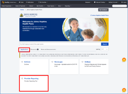 Applications tab in Availity