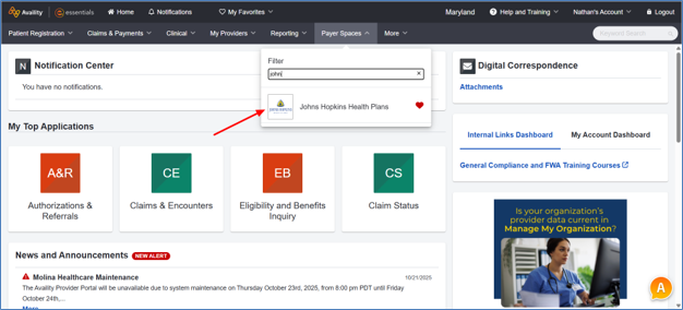Payer Spaces Navigation