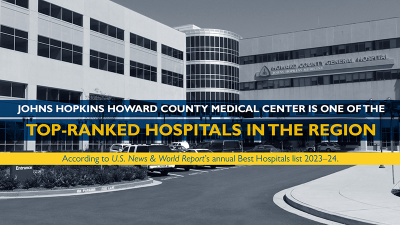 a graphic over an image of the entrance to the hospital saying "Johns Hopkins Howard County Medical Center is one of the top-ranked hospitals in the region according to U.S. News & World Report's annual Best Hospitals list 2023-24."