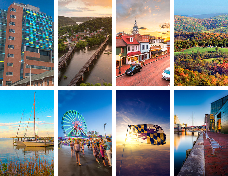 Snapshots of places in Maryland in a 4 x 2 evenly spaced box with the following images from left to right: a hopkins building, areal view of 2 bridges, view of a town street, areal view of a wooded area, sailboats, a carnival, the maryland state flag, fellspoint.