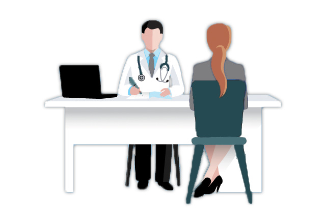 Illustration of a doctor and patient sitting at a table across from each other with laptop on the desk.