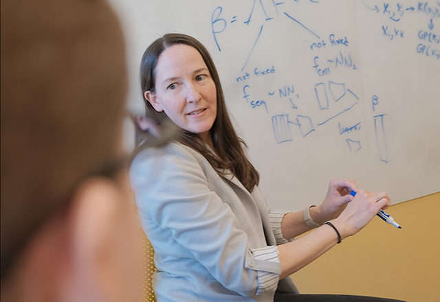 Dr. Alexis Battle in front of a whiteboard with a complex formula on it.
