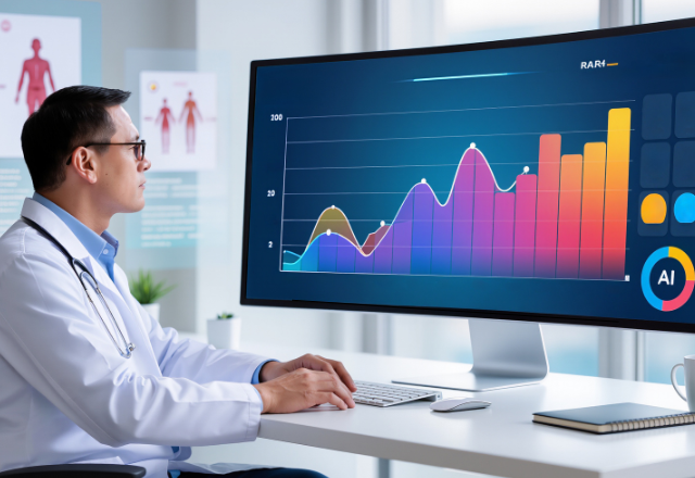 A doctor in a white coat and glasses studies a vibrant bar and line graph on a computer screen, indicating data analysis and AI integration in healthcare.