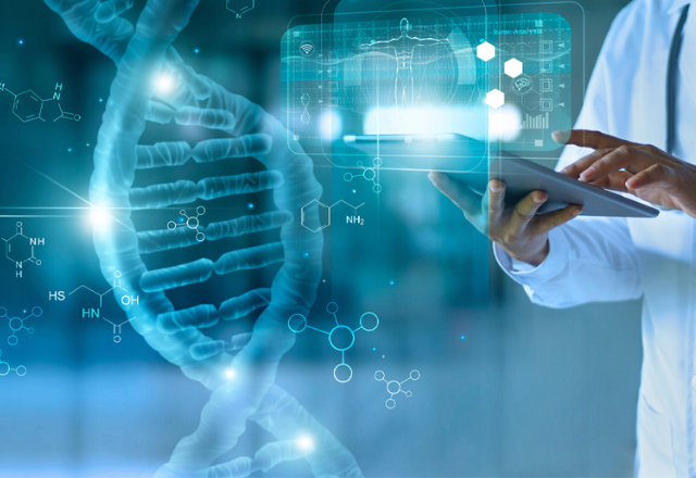 A doctor in a white coat uses a tablet surrounded by digital screens and a large DNA double helix, conveying a high-tech, scientific atmosphere.