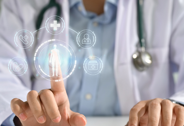 Illustration of a doctor interacting with a virtual medical screen, which is a representation of an electronic health record (EHR) system. 