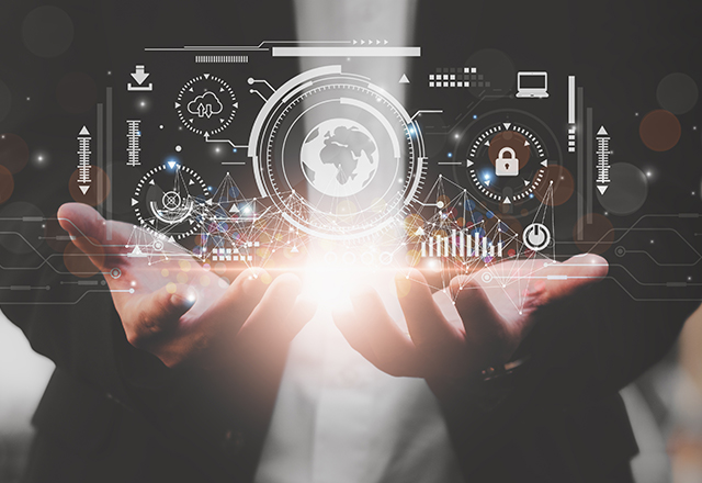 The image displays a professional interacting with a futuristic, holographic, ai digital interface. 