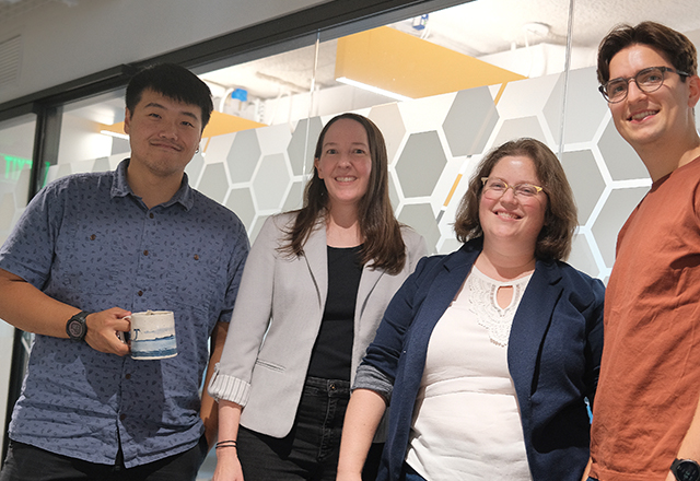Photograph from left to right: Bohan Ni (CS PhD student), Alexis Battle, Rebecca Keener (BME research scientist), Graydon Moorhead (CMDB PhD student)