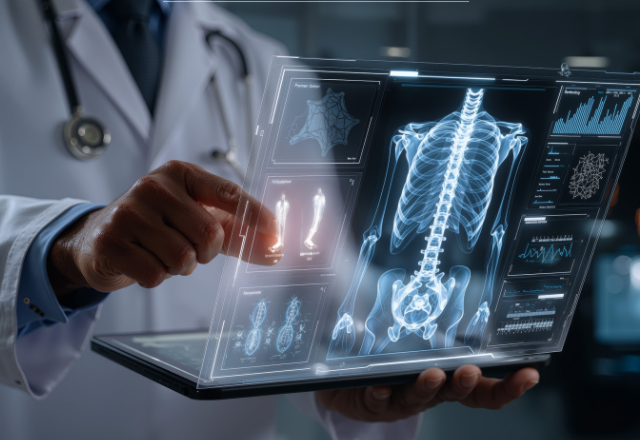 A doctor in a white coat interacts with a digital screen displaying a 3D skeleton. The scene is modern and tech-focused, suggesting advanced medical analysis.