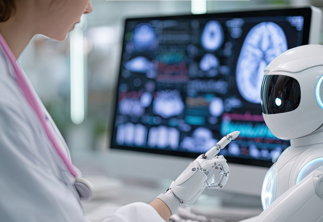 A doctor and a small humanoid robot are examining brain scans on a computer screen. The setting is high-tech, conveying a futuristic tone.