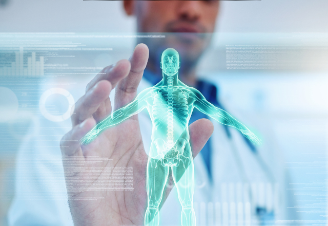 A doctor interacts with a holographic human skeleton displayed on a futuristic digital screen. The scene conveys innovation and advanced medical technology.