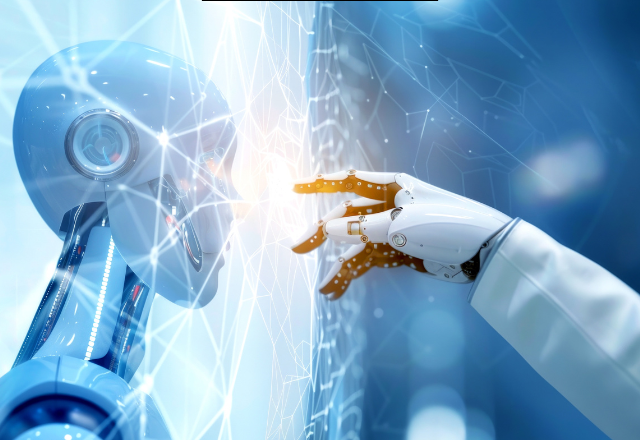 A humanoid robot touches a digital interface, emitting a bright light. The scene is futuristic with a blue tone, suggesting advanced technology.