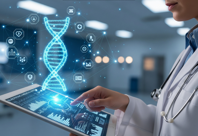 A doctor in a lab coat uses a tablet displaying a glowing DNA helix and medical icons. The scene conveys technology and innovation in healthcare.