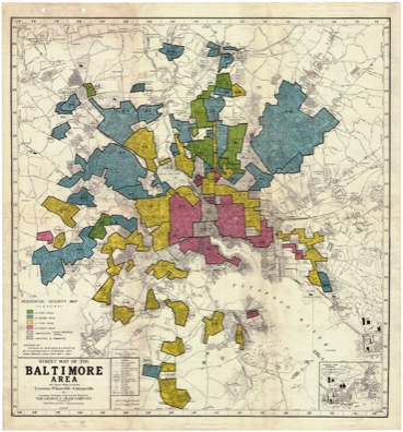 Aged street map of the Baltimore area