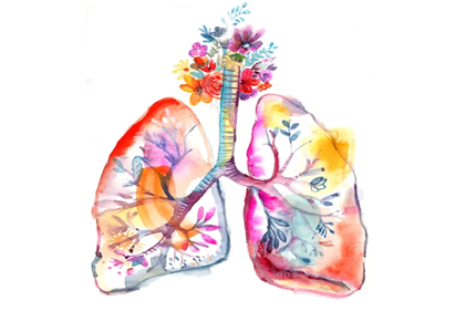 Illustration of human lungs painted with vivid water colors.