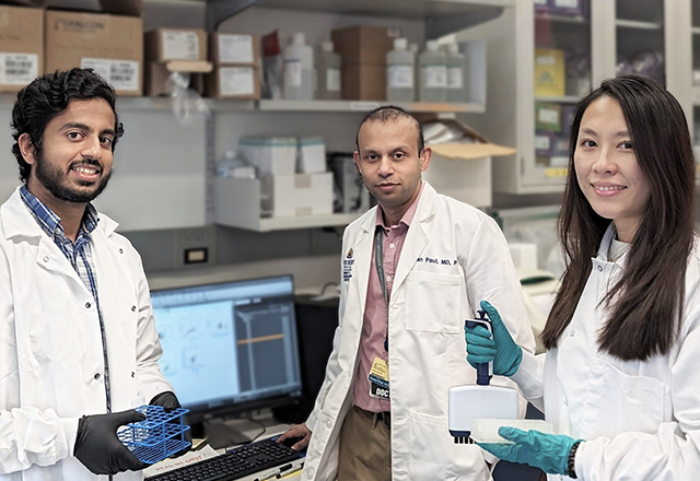 Researchers Tushar Nichakawade (left), Suman Paul (middle) and Jiaxin Ge (right) in the lab. Credit: Johns Hopkins Kimmel Cancer Center