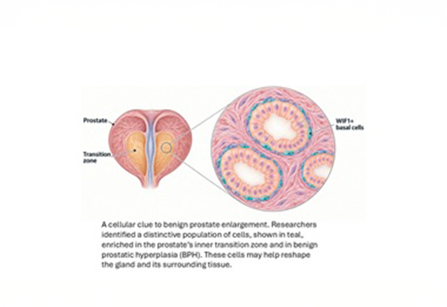 A cellular clue to benign prostate enlargement. Researchers identified a distinctive population of cells, shown in teal, enriched in the prostate’s inner transition zone and in benign prostatic hyperplasia (BPH). These cells may help reshape the gland and its surrounding tissue. Credit: Vasan Yegnasubramanian via ChatGPT 